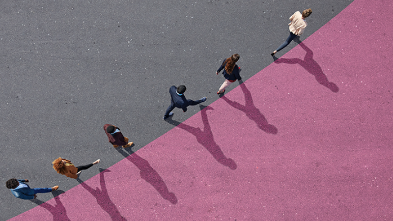 Six people walking in a stylized teaser image for Marketing Matters