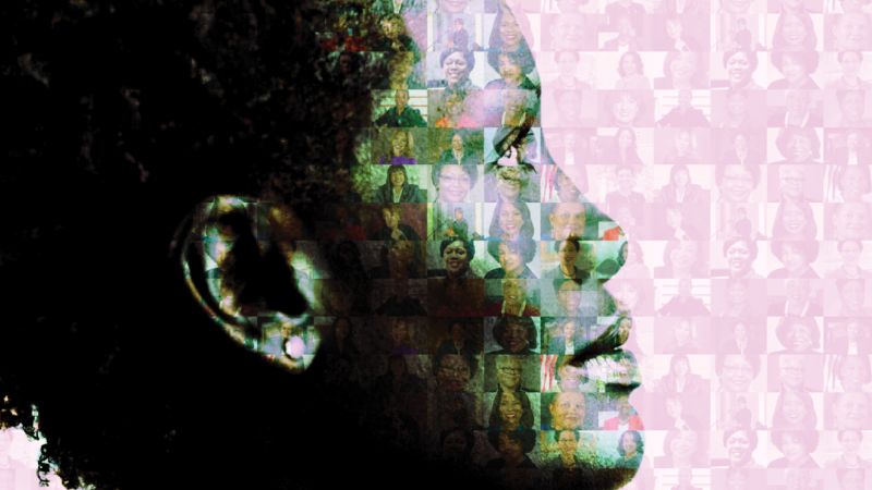 Face of youn black woman with short natural hair and overlay of headshot of female HBCU Presidents